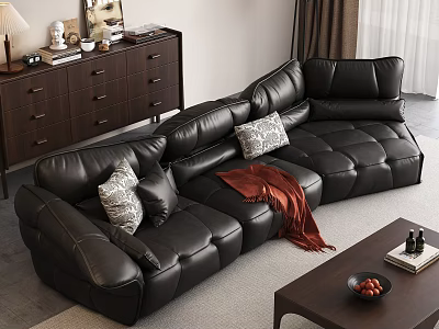Modern Living Room Black Leather Sofa And Coffee Table Set With Decorative Pillows And Throw Blanket 3d model