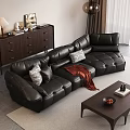 Modern Living Room Black Leather Sofa And Coffee Table Set With Decorative Pillows And Throw Blanket