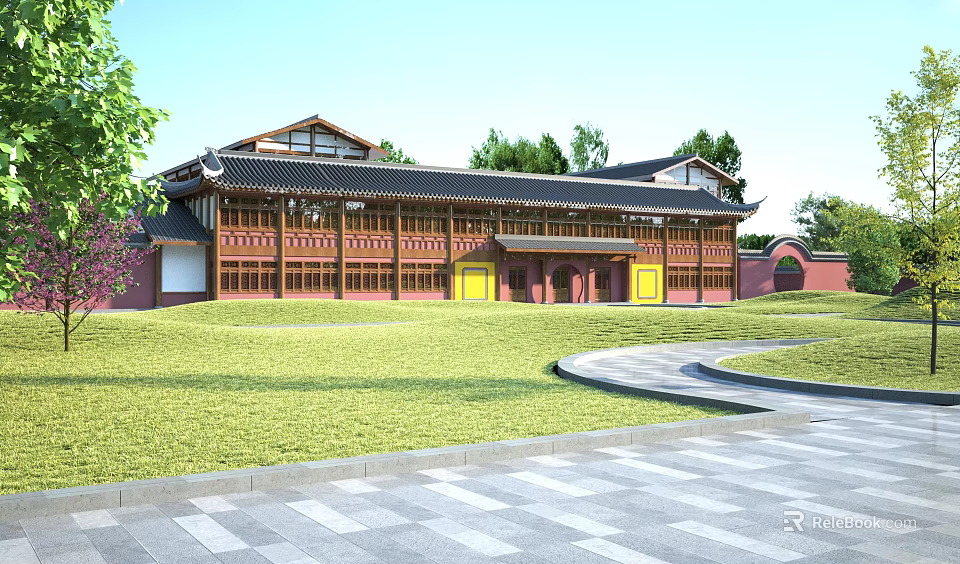 Traditional Chinese Ancient Architecture With Classic Roof Wooden Structure Yellow Doors And Green Lawn 3d model 