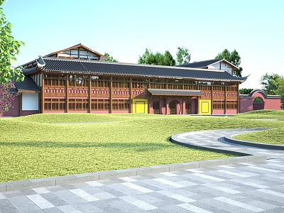 Traditional Chinese Ancient Architecture With Classic Roof Wooden Structure Yellow Doors And Green Lawn 3d model