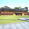 Traditional Chinese Ancient Architecture With Classic Roof Wooden Structure Yellow Doors And Green Lawn