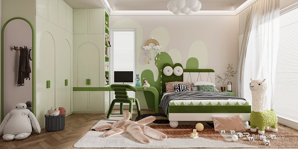 Green Kids Room Interior With Cactus Pattern Bed Desk Chair Stuffed Toy And Balloon Lamp 3d model 