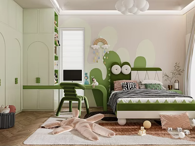 Green Kids Room Interior With Cactus Pattern Bed Desk Chair Stuffed Toy And Balloon Lamp 3d model