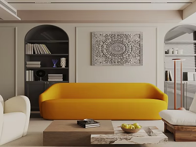 Modern Living Room Interior With Yellow Sofa White Armchair And Wooden Coffee Table 3d model
