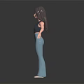 3D Woman with long black hair sleeveless light blue flared pants white shoes outstretched arms