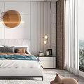 Modern Bedroom Interior Design With Glass Wardrobe Round Wall Decor And Bedside Lamp
