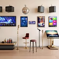 Entertainment Equipment Setup With Multiple Screens Microphones Disco Ball Speakers And Bar Stools