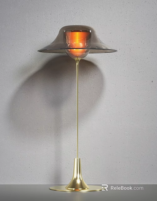 Modern Floor Lamp With Gold Stand Black Shade Warm Orange Light Against Gray Wall 3d model 