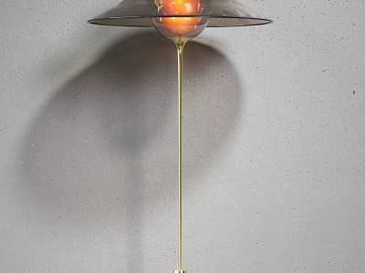 Modern Floor Lamp With Gold Stand Black Shade Warm Orange Light Against Gray Wall 3d model