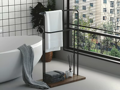 Modern Bathroom Accessories With Towel Rack Soft Towels Aromatherapy Oils And Green Plants By Bathtub 3d model