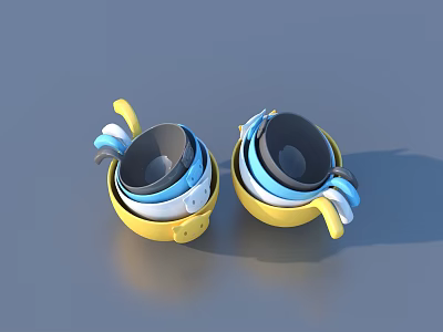 Yellow Tableware Set With Stacked Black White Blue Bowls And Handles 3d model