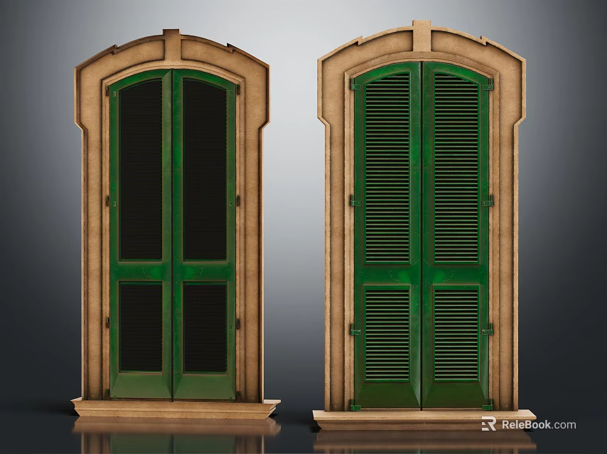 Green Casement Windows With Wooden Frames Glass Panels And Shutter Design 3d model 