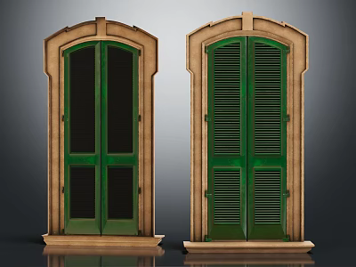 Green Casement Windows With Wooden Frames Glass Panels And Shutter Design 3d model