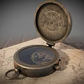 Decorative Vintage Ornament Set with Open Compass and World Map Paper on Wooden Tabletop