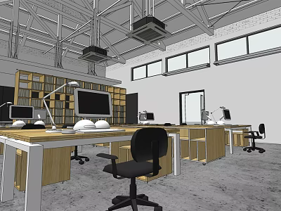 Modern Public Office Space Interior With Desks Computers Bookshelves Office Chairs And Windows 3d model