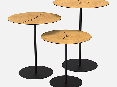 Round Coffee Tables with Wooden Tops and Black Metal Legs in Different Heights 3d model
