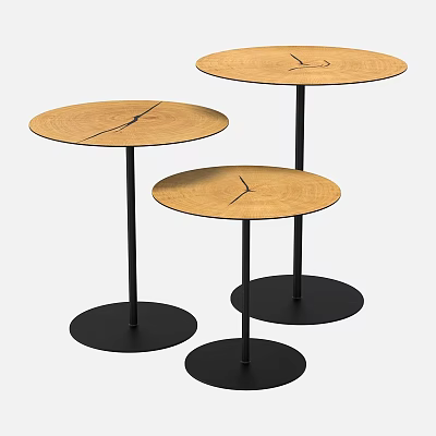 Round Coffee Tables with Wooden Tops and Black Metal Legs in Different Heights 3d model