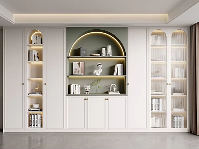 Modern Minimalist White Bookcase With Glass Doors Lighting And Decorative Items 3d model