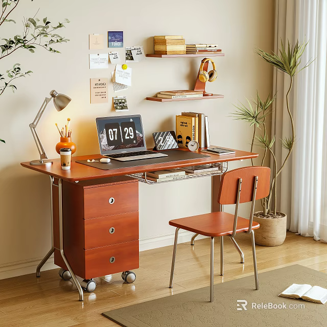 Wooden Desk With Laptop Desk Lamp Books Chair And Green Plants 3d model 
