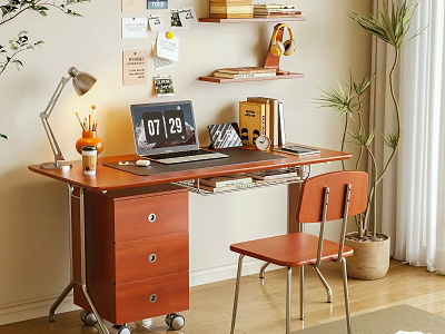 Wooden Desk With Laptop Desk Lamp Books Chair And Green Plants 3d model