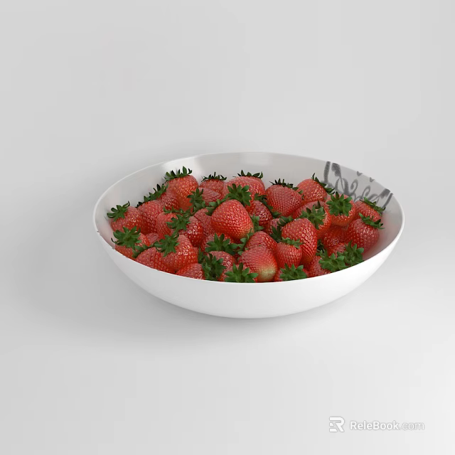 Fresh Red Strawberries With Green Leaves In White Bowl On White Background 3d model 