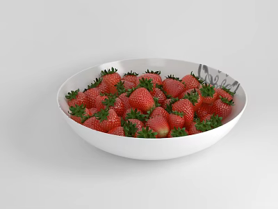 Fresh Red Strawberries With Green Leaves In White Bowl On White Background 3d model