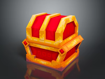 Red And Golden Pixel Style Decorative Storage Chest With Ornamental Design 3d model