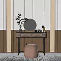 Elegant Dressing Table With Round Mirror Green Plant Cosmetic Containers Drawers And Stool