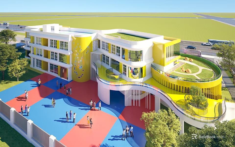 Yellow White School Building Featuring Circular Design Green Roof Colorful Playground And Children Playing Area 3d model 