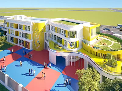 Yellow White School Building Featuring Circular Design Green Roof Colorful Playground And Children Playing Area 3d model