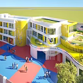 Yellow White School Building Featuring Circular Design Green Roof Colorful Playground And Children Playing Area