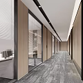 Modern Office Corridor With Glass Partitions Wooden Accents And Carpeted Flooring