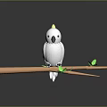 White Cockatoo With Yellow Crest Perched On Tree Branch With Green Leaves And Dark Background