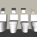 Four White Toilets with Various Colored Toilet Paper Holders Displayed on Light Beige Wall