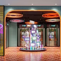 Public Facility With Circular Neon Ceiling Lights Multi Level Display And Checkered Floor