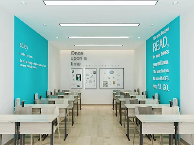 School Classroom Learning Space With Blue Walls English Slogans And Arranged Desks Chairs 3d model