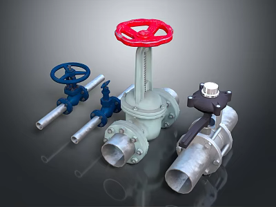 Various Types of Industrial Valves with Red and Blue Handwheels Including Gate and Ball Designs 3d model