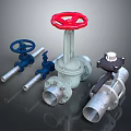 Various Types of Industrial Valves with Red and Blue Handwheels Including Gate and Ball Designs