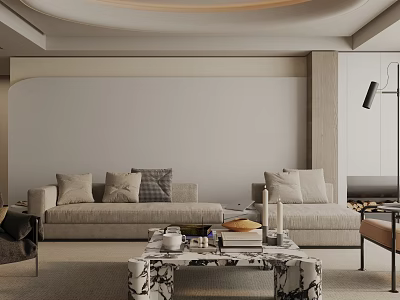 Modern Living Room with Beige Sofa Marble Coffee Table Floor Lamp Throw Pillows and Rug 3d model