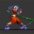 Game Movie Character With Purple Hair Twin Tails Red Pants Green Staff And Stone Slab Base