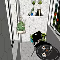 Modern Round Table And Black Chair With Geometric Pattern Wall Hanging Green Plants Decorative Shelf
