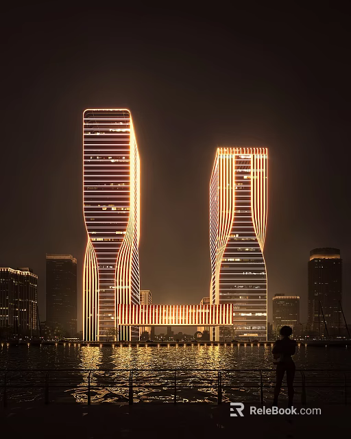 Modern Office Towers at Night With Unique Curved Exterior and Illuminated Facade Design 3d model 