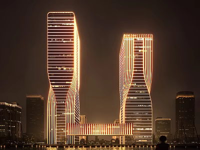 Modern Office Towers at Night With Unique Curved Exterior and Illuminated Facade Design 3d model