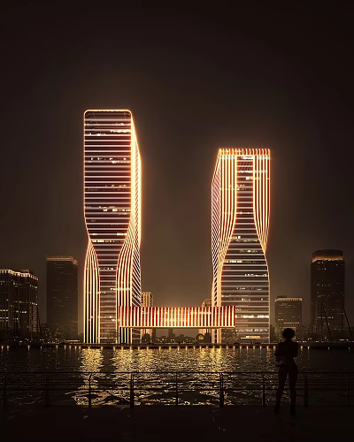 Modern Office Towers at Night With Unique Curved Exterior and Illuminated Facade Design 3d model