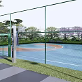 Outdoor Basketball Court Surrounded by Greenery Fence with Entrance Signage and Blue Brown Surface