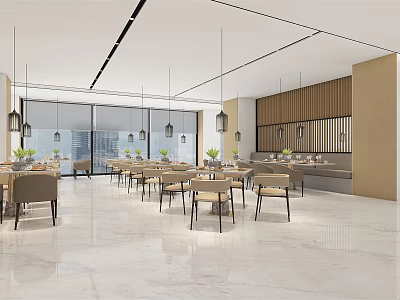 Modern Restaurant Open Space With Pendant Lights Dining Tables Chairs Floor-to-Ceiling Windows Beige Wooden Partitions 3d model