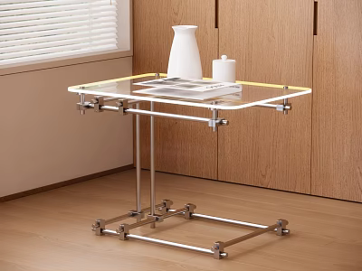 Modern Side Table with Transparent Glass Top Metal Frame and Casters in Living Room 3d model