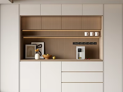 Modern Dining Room Sideboard With LED Lighting Cabinets Drawers Artwork And Fruit Bowl 3d model