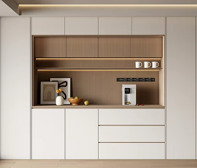 Modern Dining Room Sideboard With LED Lighting Cabinets Drawers Artwork And Fruit Bowl 3d model