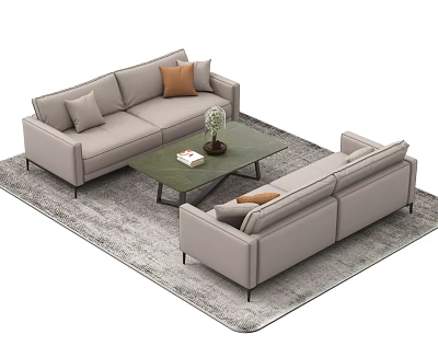 Modern Light Gray Sofa Coffee Table Set With Green Table Plant Books And Gray Rug 3d model